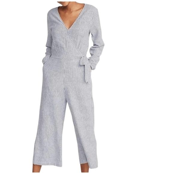 Old Navy Striped Wide Leg Crop Jumpsuit Size S Linen Blend Long Sleeve Tie Waist - Picture 1 of 15